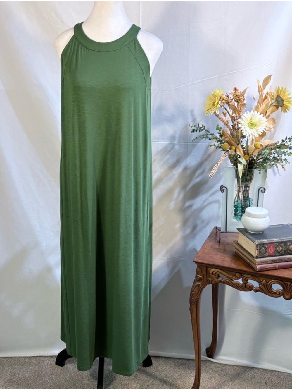 NWT J. Jill Palm Green Sleeveless Maxi Dress Pockets Sz Small Petite💛 - Picture 2 of 11